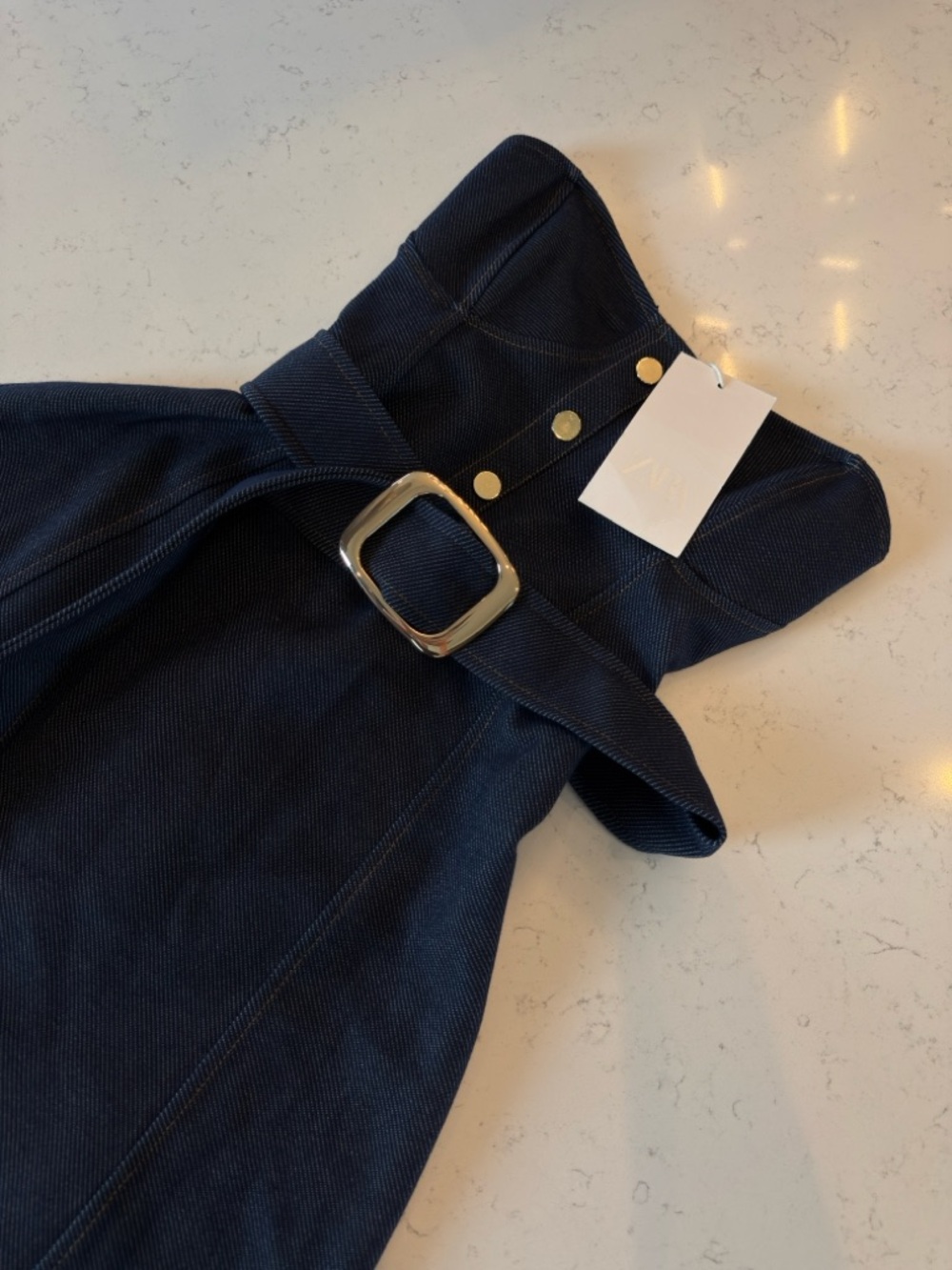 Zara Navy Blue Belted Dress with Gold Hardware